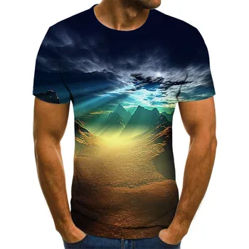 Лятна мъжка тениска с 3D принтиране Тениска с естествен пейзаж Мъжка тениска Лятна черна тениска с обло деколте плажна тениска