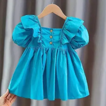 Лятна рокля за момичета Детска 2023 Нова корейска принцеса Рокля от чист памук Детска модна рокля с балон ръкав1-7Y