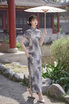 Лято къс ръкав отпечатани сатен Qipao мода всеки ден елегантен дама Cheongsam пола за жени Vestidos