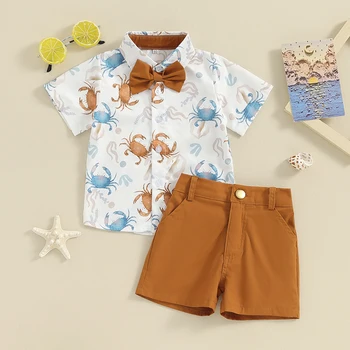Малко дете бебе момче летни дрехи рокля облекло печат къс ръкав бутон надолу папийонка риза и шорти комплект