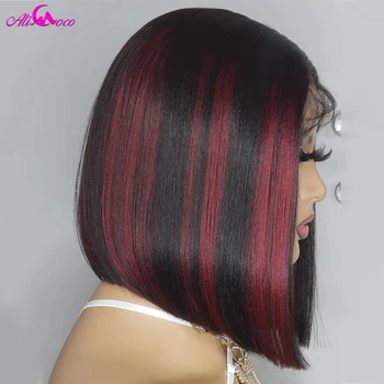 Маркирайте червено 13x4 къси боб дантела предни перуки с бебешка коса естествена линия на косата за черна жена права човешка коса перука 180 плътност