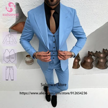 Мода Peaked ревера костюми за мъже Slim Fit 3 парче панталони комплект младоженец сватба вечеря парти бала Tuxedo Trajes Elegante para Hombre