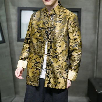 Мъжки есен и зима жакард ключалката яке ретро китайски стил Tang костюм Hanfu голям размер стойка яка палто палто