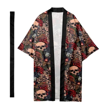 Мъжки японски традиционен череп печат ивици дълго кимоно жилетка самурай халати кимоно риза юката