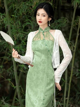 Нов китайски класически без ръкави зелен Cheongsam секси оглавник тънък дантела пачуърк жени Qipao рокля лято елегантен сплит Midi роба