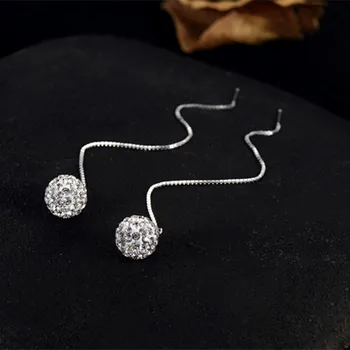 Нова мода 925 стерлинги сребро циркон дълго пискюл ухото линия луксозни родословни обеци за жени кристална топка обеци