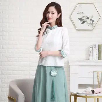 Памук бельо жените случайни елегантна риза плюс размер 3XL китайски традиционно облекло древен китайски Cheongsam Qipao блуза върховете