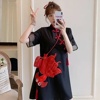 Плюс размер M-4XL нова мода модерна тенденция Cheongsam рокля за жени лято черен къс ръкав Qipao традиционно китайско облекло