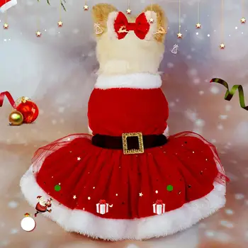 Приятелски настроен към кожата домашен любимец рокля Коледна рокля за домашни любимци Празнична рокля за домашни любимци Блестящ блясък Дядо Коледа костюм с лента за коса за Коледа снимки
