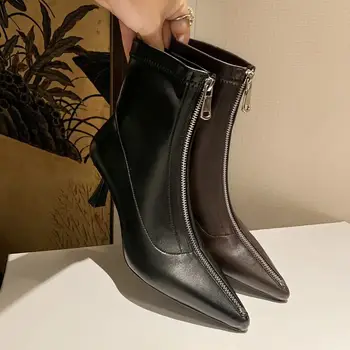 Размер 34-42 Еластичен материал висок ток дамски ботуши есен зимни обувки удобна мода жена глезена ботуши четири сезона обувки