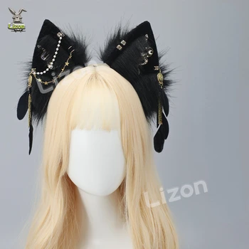 Ръчно изработени вълчи уши Национален стил Шапки Перо Орнаменти за коса Косплей Хелоуин костюм лента за коса лента за коса