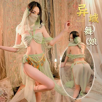 Секси екзотичен косплей униформа китайски традиционен еротичен дамски дрехи древен стил ханфу пижама пола секс костюм зелен розов