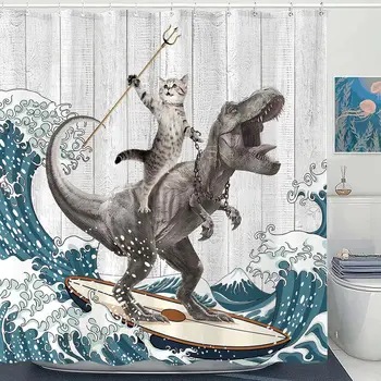 Смешни душ завеса смел котка карикатура душ завеса вълни океан декор плат душ завеса комплект с куки баня декорация