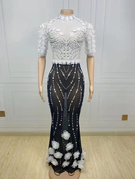 Сребърни кристали Перли Бели цветяПрозрачна дълга рокля Birthdav празнуватКостюм вечерно танцово шоу рокля D013