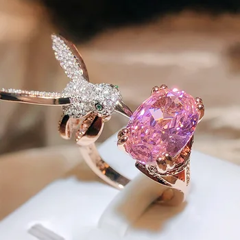 Творчески неправилна птица колибри сапфир топаз розов пълен диамант двойка пръстен за жени кристал цирконий годишнина бижута