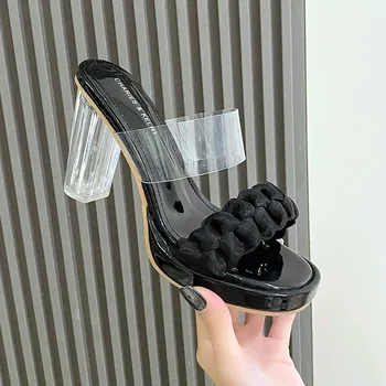 Токчета плисирана дантела супер висок ток сандали жени платформа чехли жена лято приплъзване прозрачни дебели подметки кристални сандали