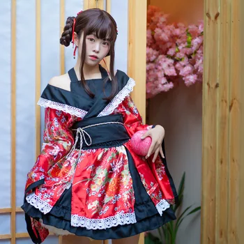 Традиционен японски Лолита аниме косплей костюм кимоно рокля за жени сладък юката туту kawaii момиче Haori парти сцена облекло