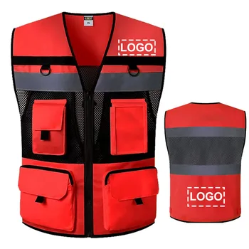 Червена жилетка за безопасност Светлоотразително лого или текст Персонализирана Hi Vis жилетка с джобове Мъжко работно облекло за пътно строителство