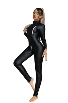 Черен цип Секси жени изкуствена кожа боди PVC котешки костюм еротични мокри поглед секси клуб гащеризон танц износване еротични латекс котешки костюм