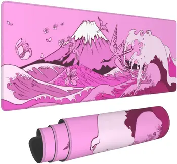 Японска вълна розова черешова цветна подложка XL голяма неплъзгаща се гумена подложка за мишка Зашити ръбове Подложка за бюро Дълга разширена подложка 31.5X11.8 In