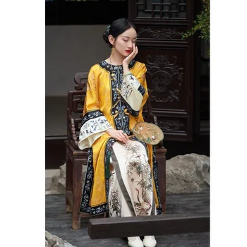 династия Цин сатен жълто отпечатани Cheongsam наметало китайски реколта тежка индустрия кон лицето пола оригинален Qipao рокля модерен