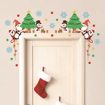 карикатура Коледа врата стикери прилепване Дядо Коледа снежен човек лосове модел стена ваденки хол декорация дома тапети декор