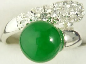  на едро благородно зелено естествен нефрит посребрен кристал инкрустация моден пръстен (# 7.8.9)