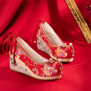 ханфу бродирани обувки жени китайски традиционни бродирани сватбени булчински обувки червени бродирани обувки плюс размер 41#