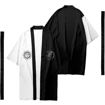японски черно слънце луна печат кимоно с колан жилетка хлабав върховете случайни палто Юката мъже жени азиатски облекло