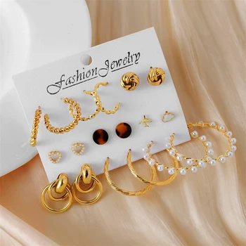 EN Мода леопард акрилни обеци за жени реколта сърце самолети метални перлени обеци набор кръг бижута