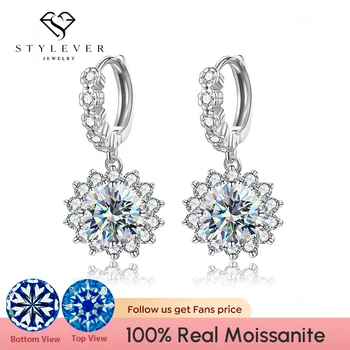 Stylever Real 1-2CT Сватбени диамантени обеци Moissanite Sun Flower за жени с GRA сертификат 925 Сребърни бижута