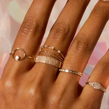 Съвпадение на златен цвят подреждане пръстен за жени тенденция мода деликатен цирконий циркон пръст аксесоари пръстен хип-хоп бижута R745
